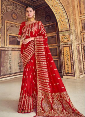 Stunning Red Color Party Wear Silk Saree