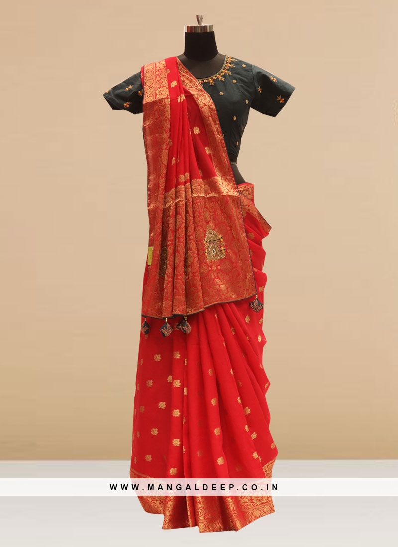 Stunning Red Color Party Wear Silk Saree