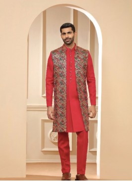 Stunning Red Terry Rayon Indowestern Suit