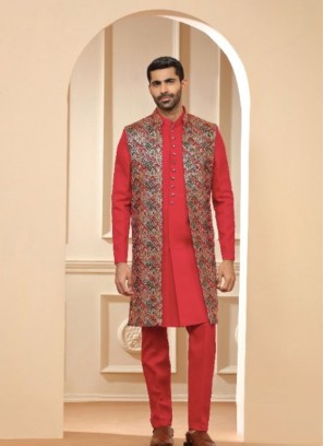 Stunning Red Terry Rayon Indowestern Suit