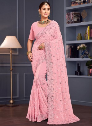 Stunning Sequins Georgette Pink Traditional Saree