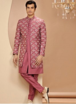 Stunning Silk Pink Embroidery Indowestern Suit