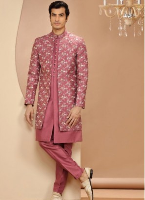 Stunning Silk Pink Embroidery Indowestern Suit