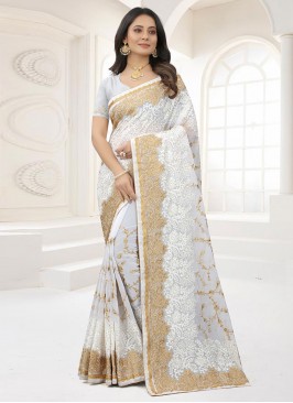 Stunning Stone White Georgette Designer Saree