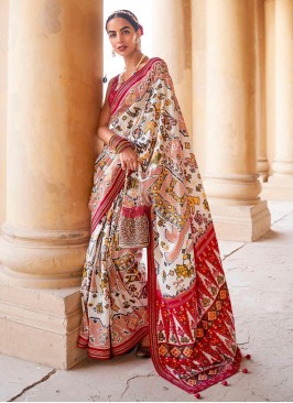 Stunning White Color Patola Silk Saree