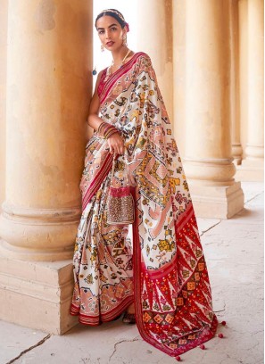 Stunning White Color Patola Silk Saree