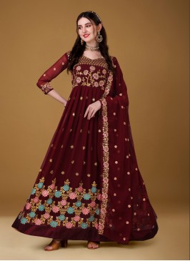 Stupendous Embroidered Maroon Faux Georgette Long Length Anarkali Salwar Suit