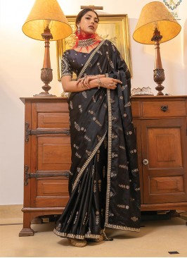 Stupendous Embroidered Satin Black Trendy Saree