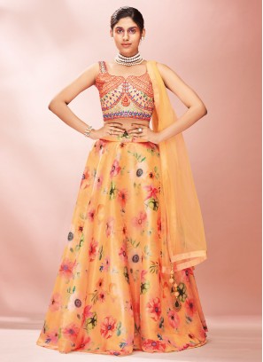 Stupendous Peach Mirror Organza Readymade Lehenga Choli