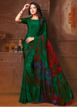 Stylish Abstract Print Green Faux Crepe Contemporary Saree