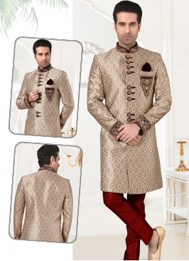 Stylish Antique Gold Banarasi Brocade Sherwani Set