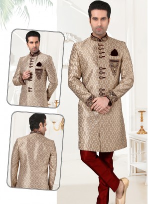 Stylish Antique Gold Banarasi Brocade Sherwani Set with Maroon Trouser