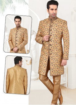 Stylish Dark Gold Banarasi Brocade Sherwani Set with Chikoo Trouser