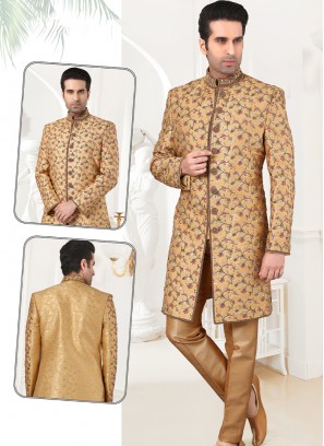 Stylish Dark Gold Banarasi Brocade Sherwani Set with Chikoo Trouser