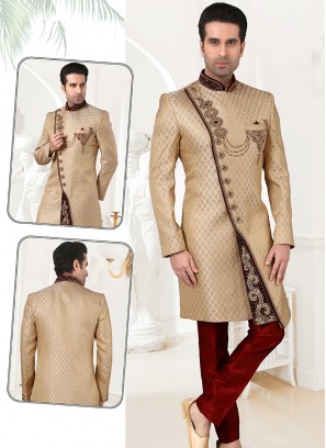 Stylish Gold Brocade Sherwani Set with Maroon Trouser