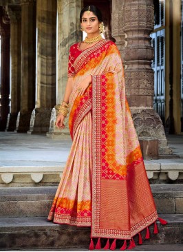 Stylish Beige And Red Color Silk Saree