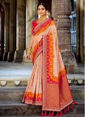 Stylish Beige And Red Color Silk Saree