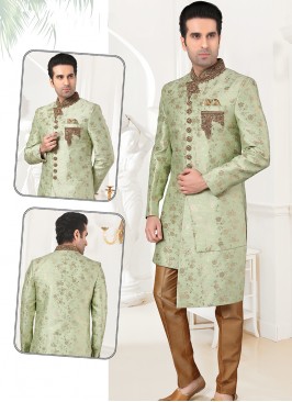 Stylish Pista Banarasi Brocade Sherwani Set with C