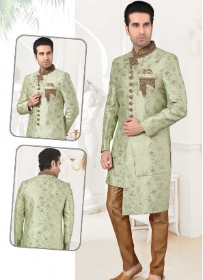 Stylish Pista Banarasi Brocade Sherwani Set with Chikoo Trouser