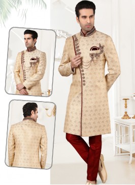 Stylish Phone Brocade Sherwani Set with Maroon Tro