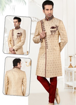 Stylish Phone Brocade Sherwani Set with Maroon Trouser