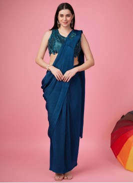 Stylish Embroidered Teal Imported Contemporary Saree