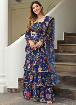 Stylish Georgette Printed Navy Blue Contemporary Saree