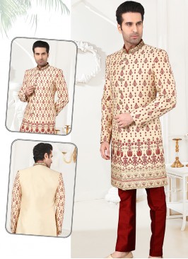 stylish Gold Art Silk Sherwani with Marron Art Silk Trouser