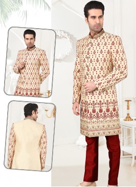 stylish Gold Art Silk Sherwani with Marron Art Sil