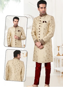 Stylish Gold Banarasi Brocade Sherwani Set with Maroon Trouser