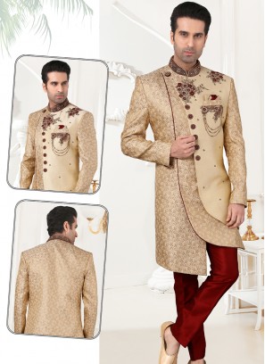stylish Gold Brocade&Art Silk Sherwani with Marron Art Silk Trouser