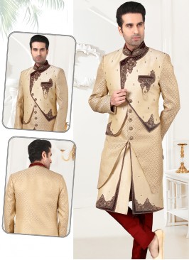 stylish Gold Jaquard&Art Silk Sherwani with Marron