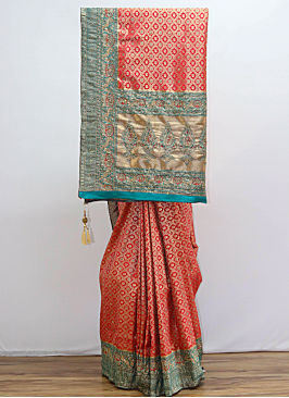 Stylish Golden And Red Banarasi Silk Saree For Wedding
