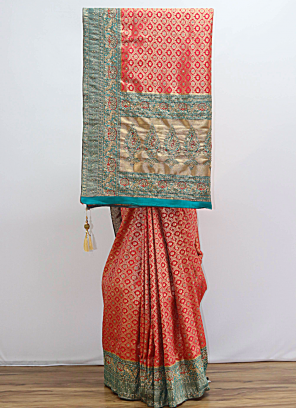 Stylish Golden And Red Banarasi Silk Saree For Wedding