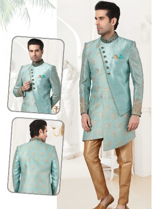 Stylish Light Feroze Banarasi Brocade Sherwani Set with Chikoo Trouser