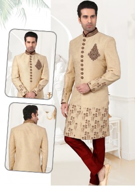 Stylish Light Gold Banarasi Brocade Sherwani Set with Maroon Trouser