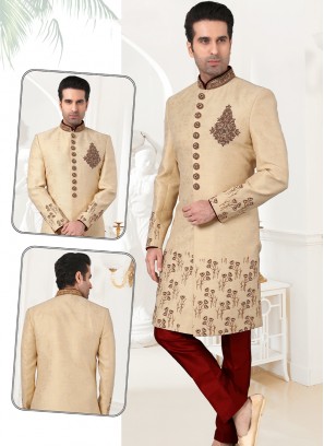 Stylish Light Gold Banarasi Brocade Sherwani Set with Maroon Trouser