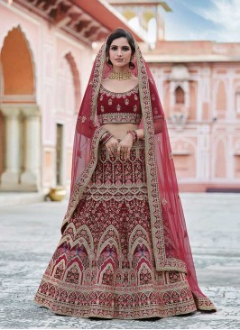 Stylish Maroon Color Embroidered Bridal Lehenga