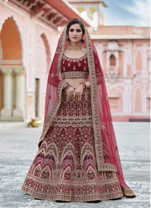 Stylish Maroon Color Embroidered Bridal Lehenga