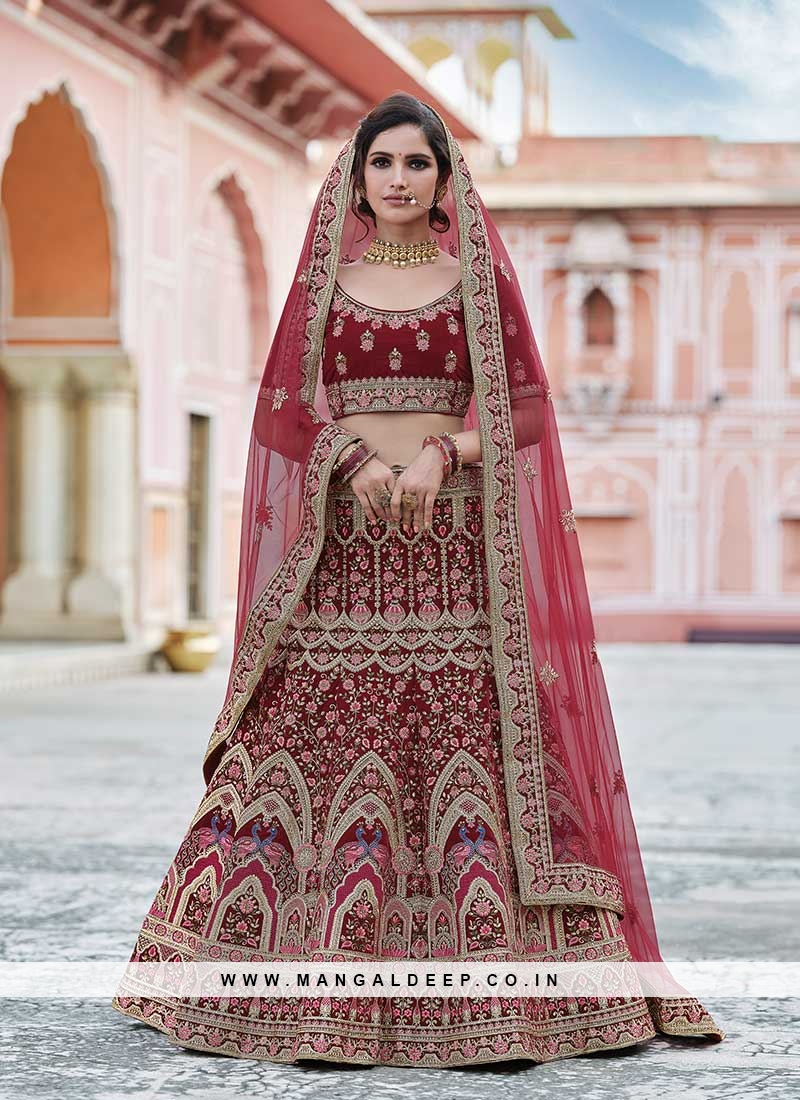 Stylish Maroon Color Embroidered Bridal Lehenga