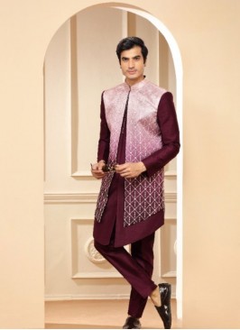 Stylish Maroon Raw Silk Indowestern Suit