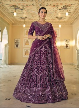 Stylish Mirror Embroidered Lehenga In Wine Color