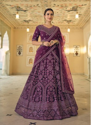 Stylish Mirror Embroidered Lehenga In Wine Color