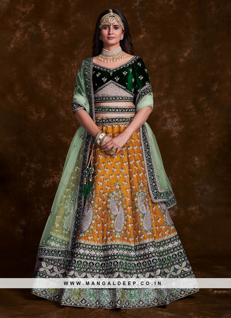 Buy Mustuard green dark green and sea green bridal lehenga choli in UK, USA  and Canada