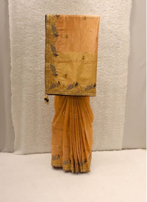 Stylish Orange Banarasi Tissue Silk Saree For Social Function