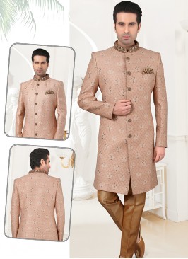 Attractive Peach Banarasi Brocade Sherwani Set with Chikoo Trouser