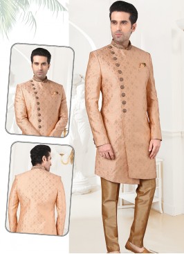 Stylish Peach Banarasi Brocade Sherwani Set with Chikoo Trouser