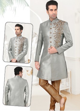 Stylish Grey Art Silk Sherwani Set with Chikoo Tro