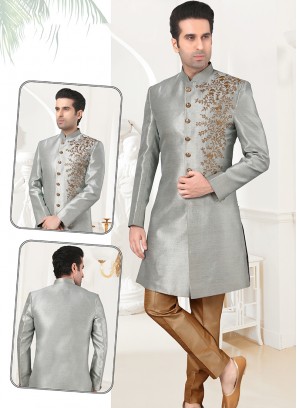 Stylish Grey Art Silk Sherwani Set with Chikoo Trouser