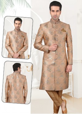 Stylish Peach Banarasi Brocade Sherwani Set with Chikoo Trouser